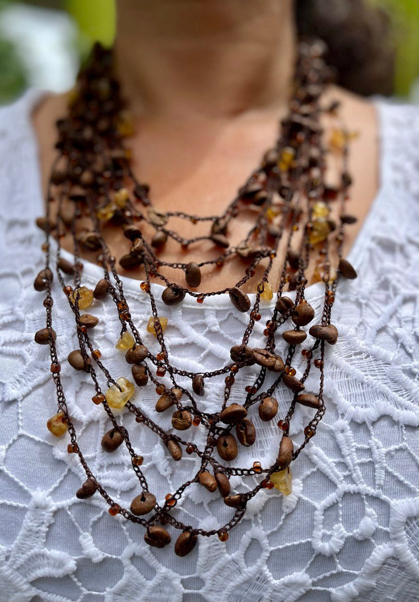 Amber and Coffee Bean Woven Necklace
